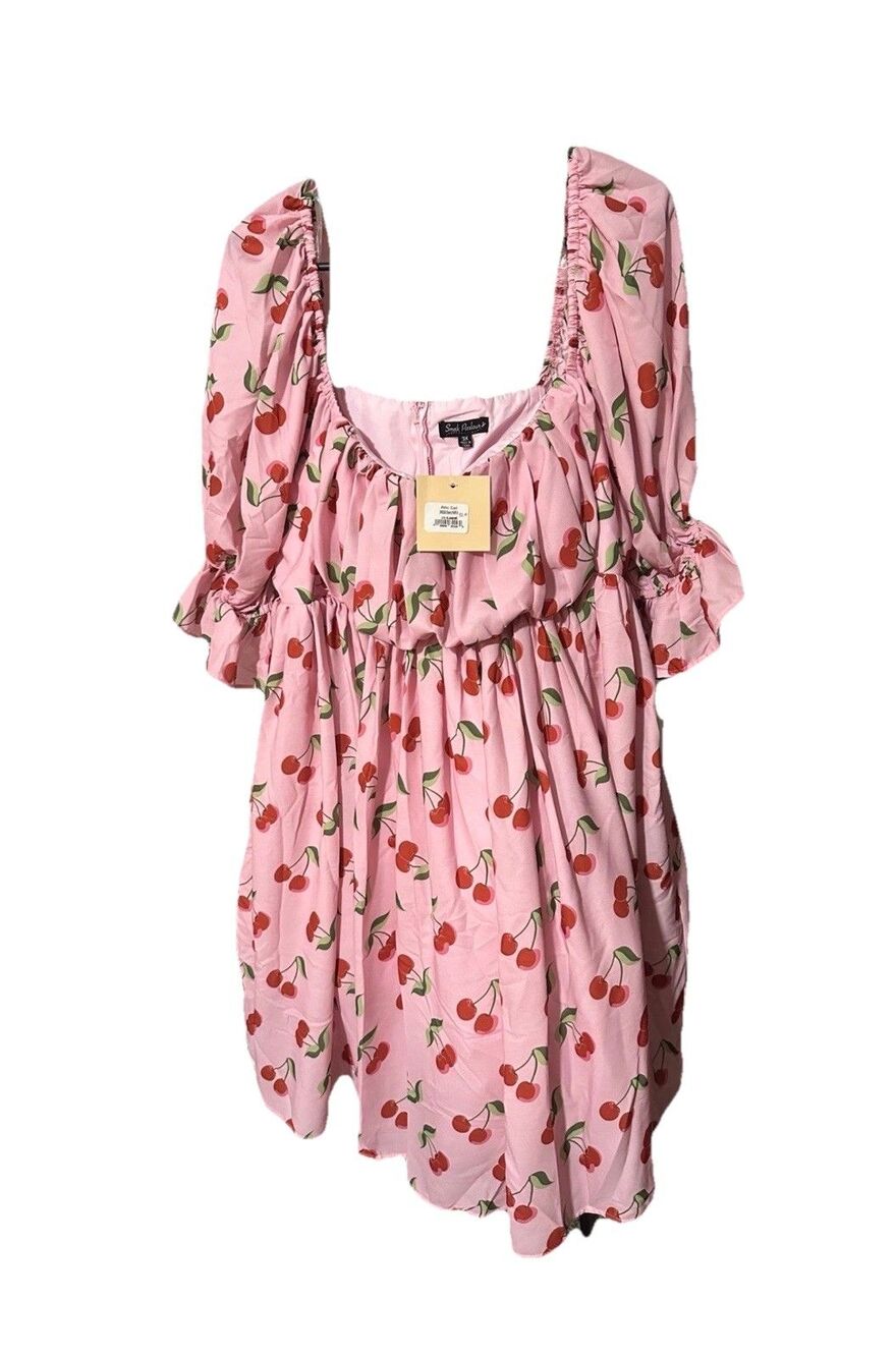 Smak Parlour Dress sz 3X pink cherry print off shoulder tulle flare mod quirky - Picture 4 of 9